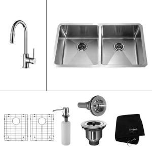 KRAUS All in One Undermount 32 3/4x19x10 0 Hole Double Bowl Kitchen Sink with Chrome Kitchen Faucet KHU102 33 KPF1622 KSD30CH