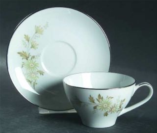 Noritake Soroya Flat Cup & Saucer Set, Fine China Dinnerware   Green Flowers, Wh