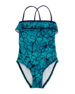 Floral Print One Piece Swimsuit, Teal, 7 14