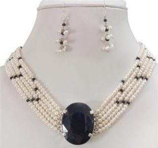 Exclusive 5 Strands Natural Fresh Water Pearl & Sapphire Beaded Choker with 925 Sterling Silver Oval Sapphire Clasp + Free Earrings Jewelry