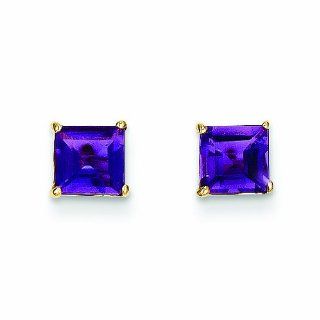 Genuine 14K Yellow Gold Amethyst 5mm Square Post Earrings Mireval Jewelry