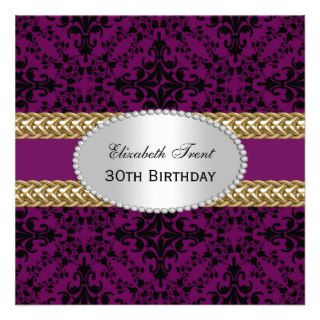 Elegant Black Purple Damask #2 Gold Birthday Party Personalized Invite