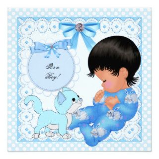 Cute Baby Shower Boy Blue Little Kitten Announcements