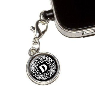 Graphics and More Letter D Initial Black and White Scrolls Anti Dust Plug Universal Earphone Headset Jack Charm for Mobile Phones   1 Pack   Non Retail Packaging   Antiqued Silver Cell Phones & Accessories