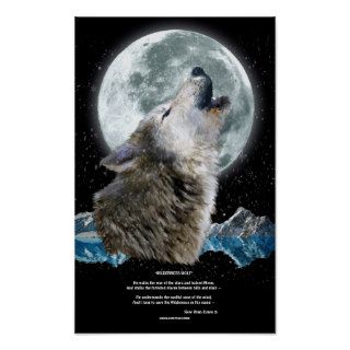 Howling Winter Grey Wolf & Moon Art Poster