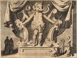 Antique Print ELEPHANT GOD DEITY QUENAVADY IXORA SON p. 448 Baldaeus 1672   Etchings Prints