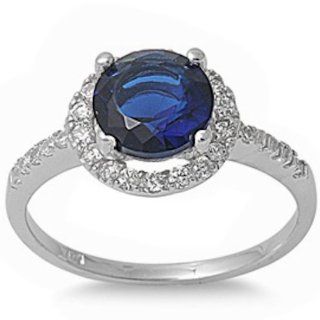 Brilliant Round Sapphire & Halo Clear Cz .925 Sterling Silver Ring Size 5 Jewelry