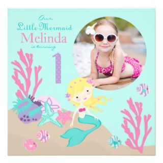 Blonde Mermaid First Birthday Invitation