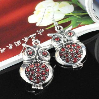 Huan Xun Women's Vintage Alloy Rhinestone Owl Dangle Earring, Red Jewelry