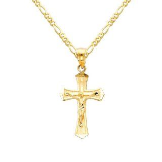 14K Yellow Gold Jesus Cross Religious Charm Pendant with Yellow Gold 1.6mm Figaro Chain Necklace with Spring Clasp   Pendant Necklace Combination (Different Chain Lengths Available) Jewelry