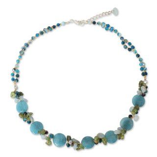 Quartz and aquamarine beaded necklace, 'Light Blue Peonies'   Artisan Crafted Beaded Aquamarine and Agate Necklace Jewelry