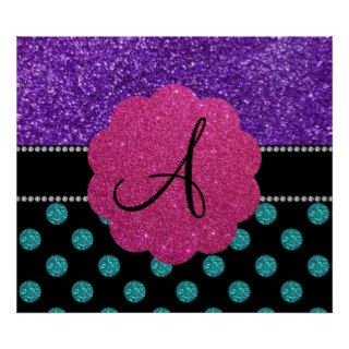 Monogram purple turquoise glitter polka dots poster