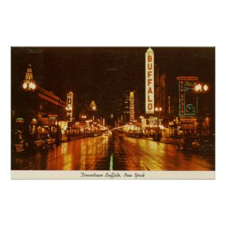 Downtown Buffalo NY at Night Vintage Poster