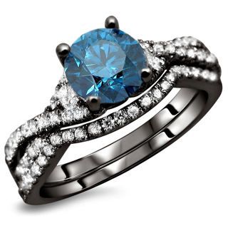 18k Black Gold 1 1/2ct TDW Certified Blue and White Diamond 2 piece Ring Set (E F, VS1 VS2) Bridal Sets