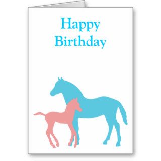 Horse & foal pink & blue silhouette birthday card