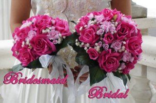 Love FUSCHIA PINK ROSES wedding bouquet bridal package bridesmaid groom boutonniere corsage silk flowers
