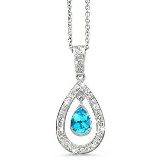Twin Pear Shaped Diamond Pendant In 18K White Gold With A 1.00 ct. Genuine Blue Topaz Center Stone. CleverEve Jewelry