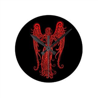 Intricate Red Virgo Zodiac on Black Round Clocks