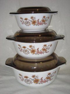 Vintage 6 Piece Corning Pyrex Casserole Set   Woodland UK Pattern   Country Autumn US Pattern w/Amber Lids   Made In England  Other Products  