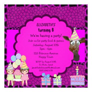 Girls, Giraffe & Cake Pink & Purple Animal Print Invites