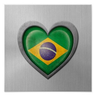 Brazilian Heart Flag Stainless Steel Effect Posters