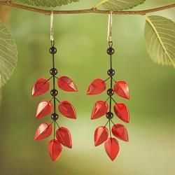 Sterling Silver Ruby Red Baltic Amber Leaves Earrings (Lithuania) Earrings