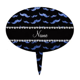 Personalized name blue glitter mustaches cake toppers