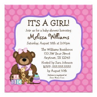 Sweet Bear Pink Dots Girl Baby Shower Invitations
