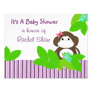 Purple Stripes Monkey Baby Shower Invitation