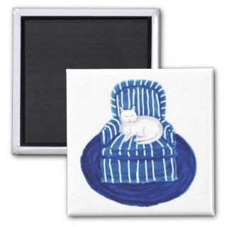 White Cat in a Blue and White Striped Chair Magnet