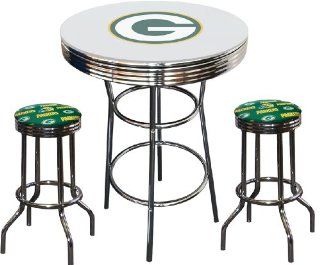 Green Bay Packers Logo NFL Football Glass Top Chrome Metal White Bar Pub Table Set with 2 Swivel Bar Stools   Home Bars
