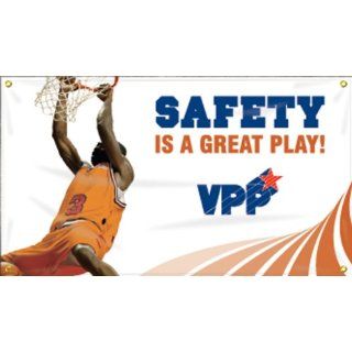 Accuform Signs MBR472 Reinforced Vinyl Motivational VPP Banner "SAFETY IS A GREAT PLAY" with Metal Grommets and Basketball Graphic, 28" Width x 4' Length Industrial Warning Signs