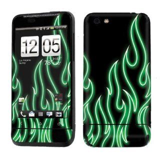 HTC One V ( Cricket / US Cellular / Virgin Mobile ) Decal Vinyl Skin Green Neon Flames   By SkinGuardz Cell Phones & Accessories