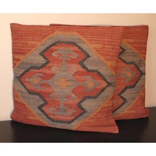 Flat Weave Jute Tribal Indo Kilim Pillows (Set of Two) Throw Pillows