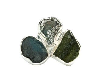 Charles Albert Tri Stone Silver Ring Moldavite Meteorite Tektite R0353 Jewelry