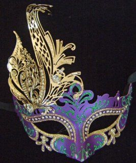 Womens Purple Green and Gold Mardi Gras Venetian Masquerade Mask with Gold Laser Cut Metal Toys & Games