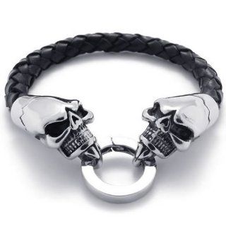 KONOV Jewelry Leather Mens Bracelet 8 1/2 inches with Locking Stainless Steel Skull Clasp, Black, Silver, 8.46 Inch Cuff Bracelets Jewelry
