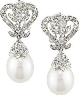 10k White Gold 8 8.5 MM Freshwater Cultured Pearl, and Accent Diamond Earrings (0.1 Cttw, G H Color, I1 I2 Clarity) Jewelry