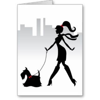 Woman walking scotty dog greeting cards