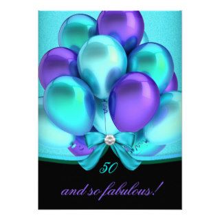 Fabulous 50 Teal Purple Black Balloons Party Custom Invitations