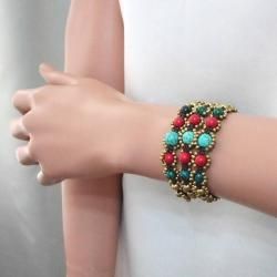 Set of 3 Brass and Cotton Turquoise/ Coral Jingle Bracelets (Thailand) Bracelets
