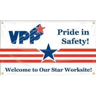 Accuform Signs MBR474 Reinforced Vinyl Motivational VPP Banner "Pride In Safety Welcome To Our Star Worksite" with Metal Grommets, 28" Width x 4' Length, Blue/Red on White Industrial Warning Signs