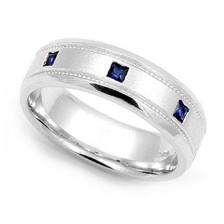 14k White Gold Bezel set Blue Sapphire Wedding Band Ring Juno Jewelry Jewelry