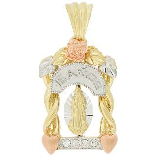 14k Tricolor Gold, 15 Anos Virgin Guadalupe Pendant Charm Fancy Arch Flower & Heart Design Jewelry