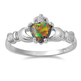 9MM 2ctw Sterling Silver OCTOBER EXOTIC BLACK OPAL MULTI COLOR BIRTHSTONE Claddagh Ring 4 10 Jewelry