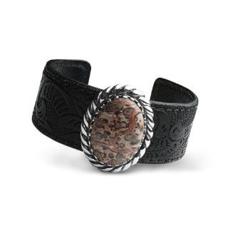 Sterling Silver Leopard Jasper Black Leather Embossed Cuff Bracelet Jewelry
