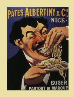 Man Eating Pates Albertiny Pasta Noodle Nice French Riviera France Food 12" X 16" Image Size Vintage Poster Reproduction, We have other sizes available    Prints