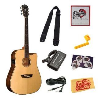 Washburn WD25SCE Dreadnought Cutaway Acoustic Electric Guitar Bundle with 10 Foot Instrument Cable, Tuner, Strap, Strings, String Winder, Pick Card, and Polishing Cloth   Natural Musical Instruments