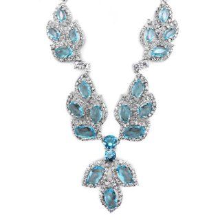 Silver Tone Graduated Aquamarine Leaf CZ Necklace Pendant Necklaces Jewelry