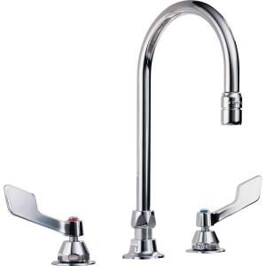 Delta Commercial 2 Handle Kitchen Faucet in Chrome with Vandal Resistant Hooded Blade Handles and Gooseneck Spout 27T2944
